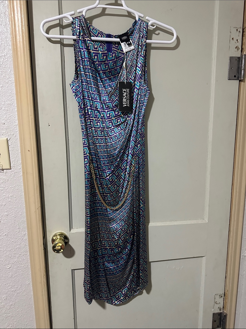 Versace Blue and Aqua Geometric Sleeveless Dress